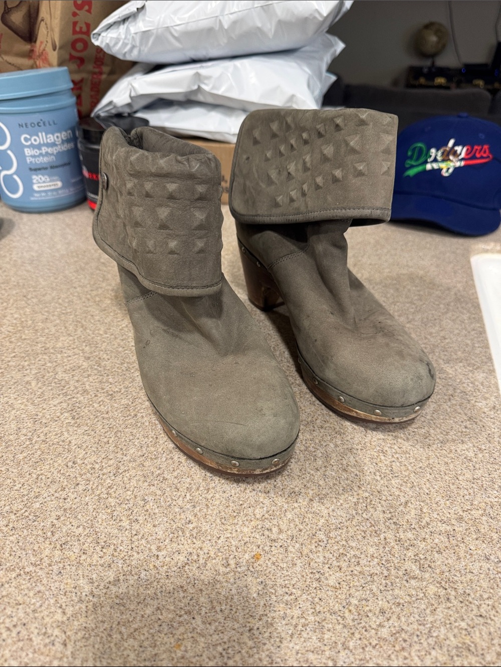Women’s Olive Suede Studded Fold-Over Ankle Boots